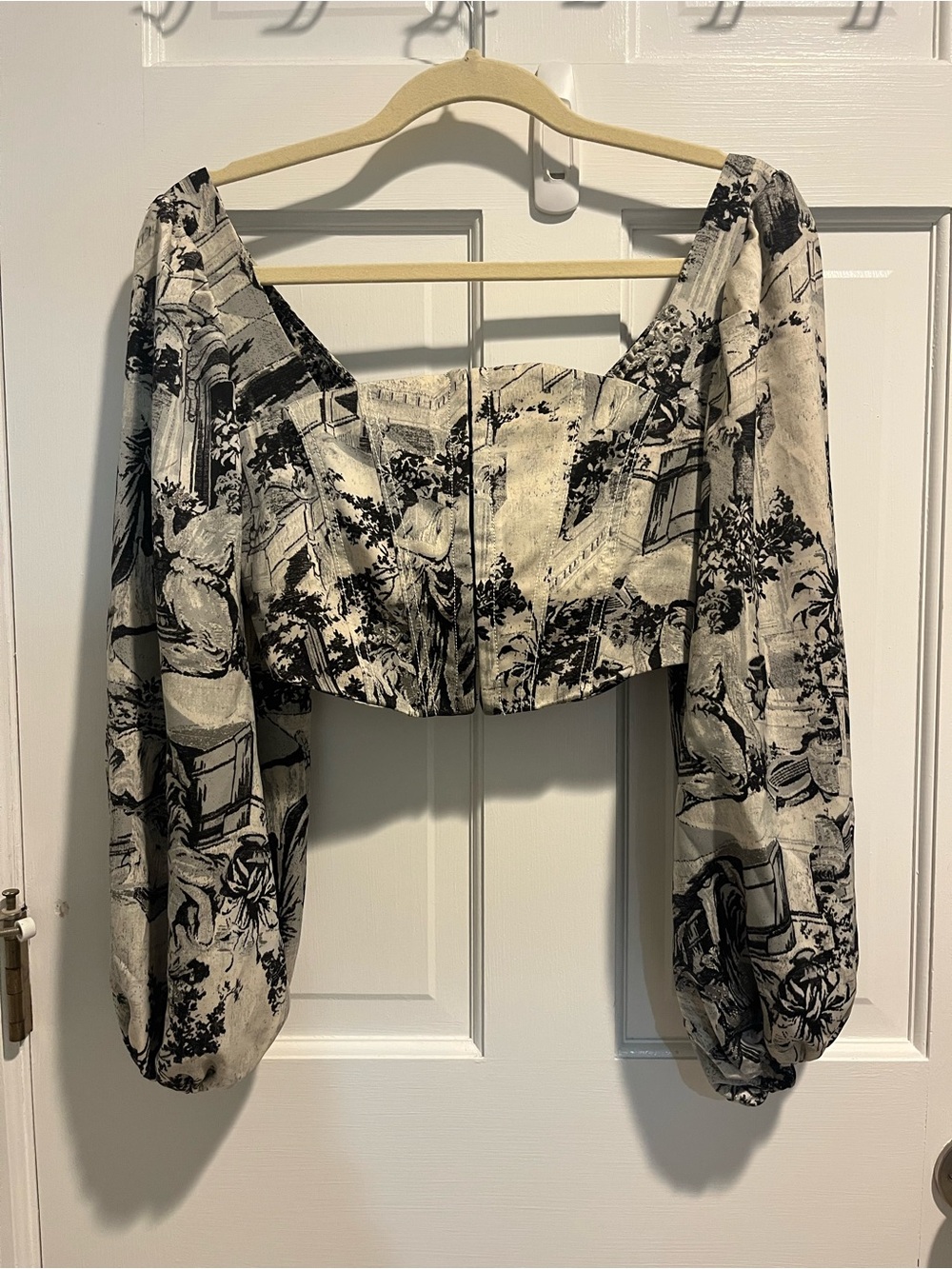 Urban Outfitters Black and White Toile Long Sleeve Crop Top